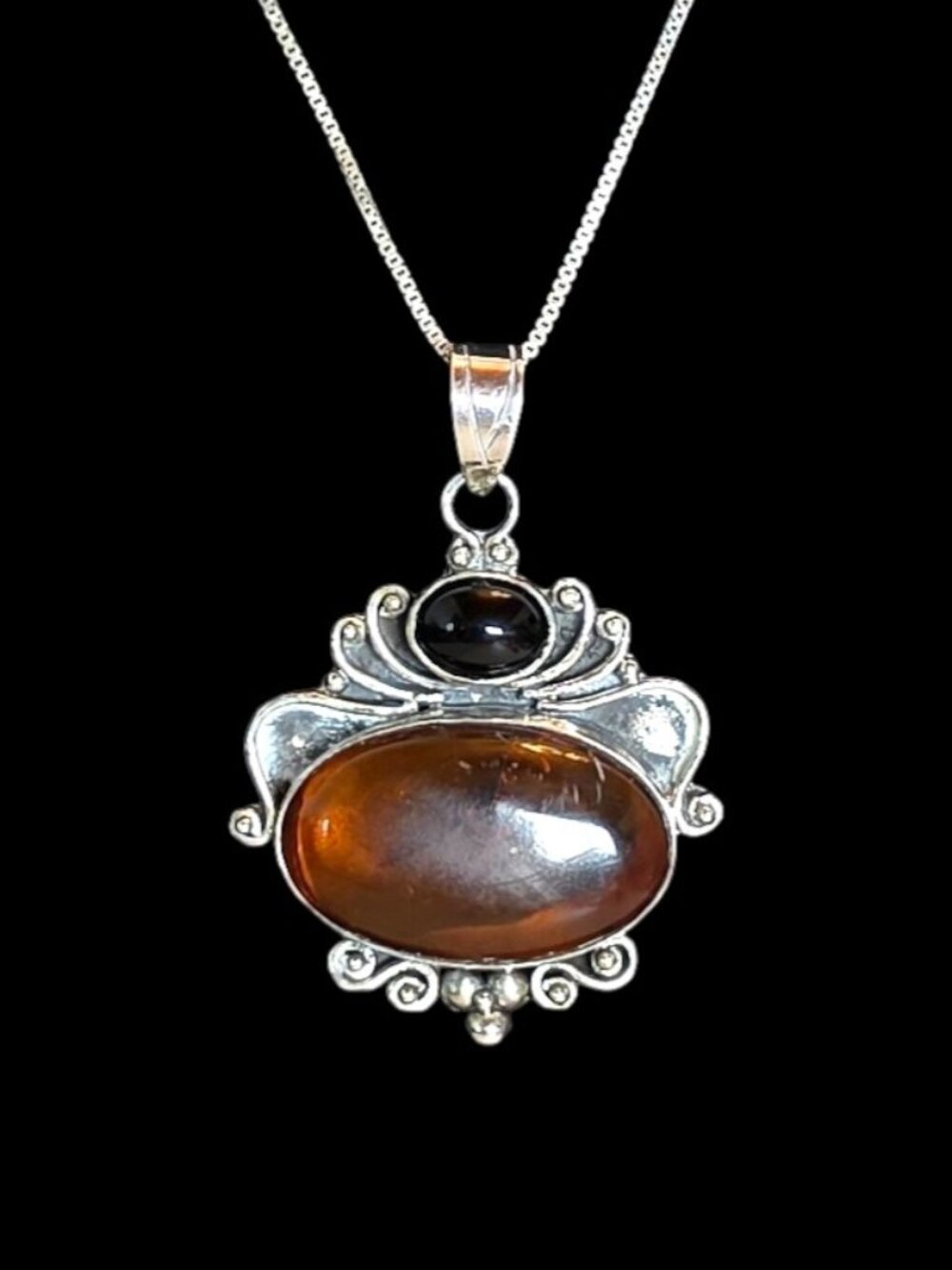 Vintage Art Nouveau-Inspired Cognac Baltic Amber & Black Onyx Botanical Pendant